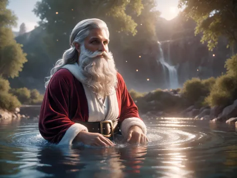 a close up of a man in a santa suit in a body of water