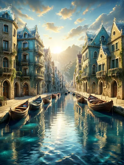 watce, A whimsical scene of a city where the streets are rivers of crystal-clear water, with boats instead of cars, surrounded by vibrant, water-reflected buildings dynamic, cinematic, masterpiece, intricate, hdr.