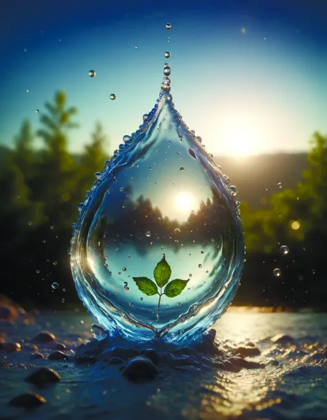 a close up of a water drop with a leaf inside of it