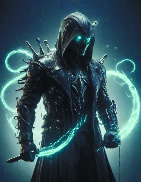 a man in a hoodedie holding a sword and glowing green lights