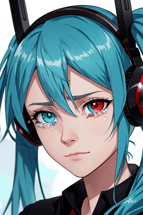 a close up of a person with headphones on and a blue hair