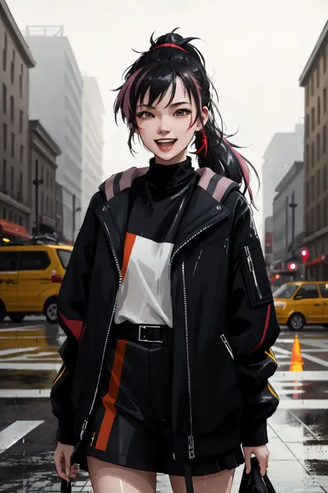 yohji fashion style, a young woman, street, laughing, ponytails, (hdr:1.3), (muted colors:1.2), dramatic, complex background, ci...