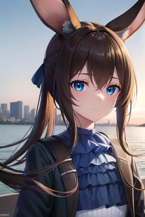 a girl with long hair and ears is standing near the water