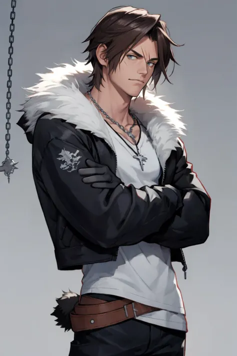 best quality, Mature male, arms crossed, <lora:squall-nvwls-v1:.95> squall, scar, necklace, black jacket, fur trim, white t-shirt, black pants, black gloves