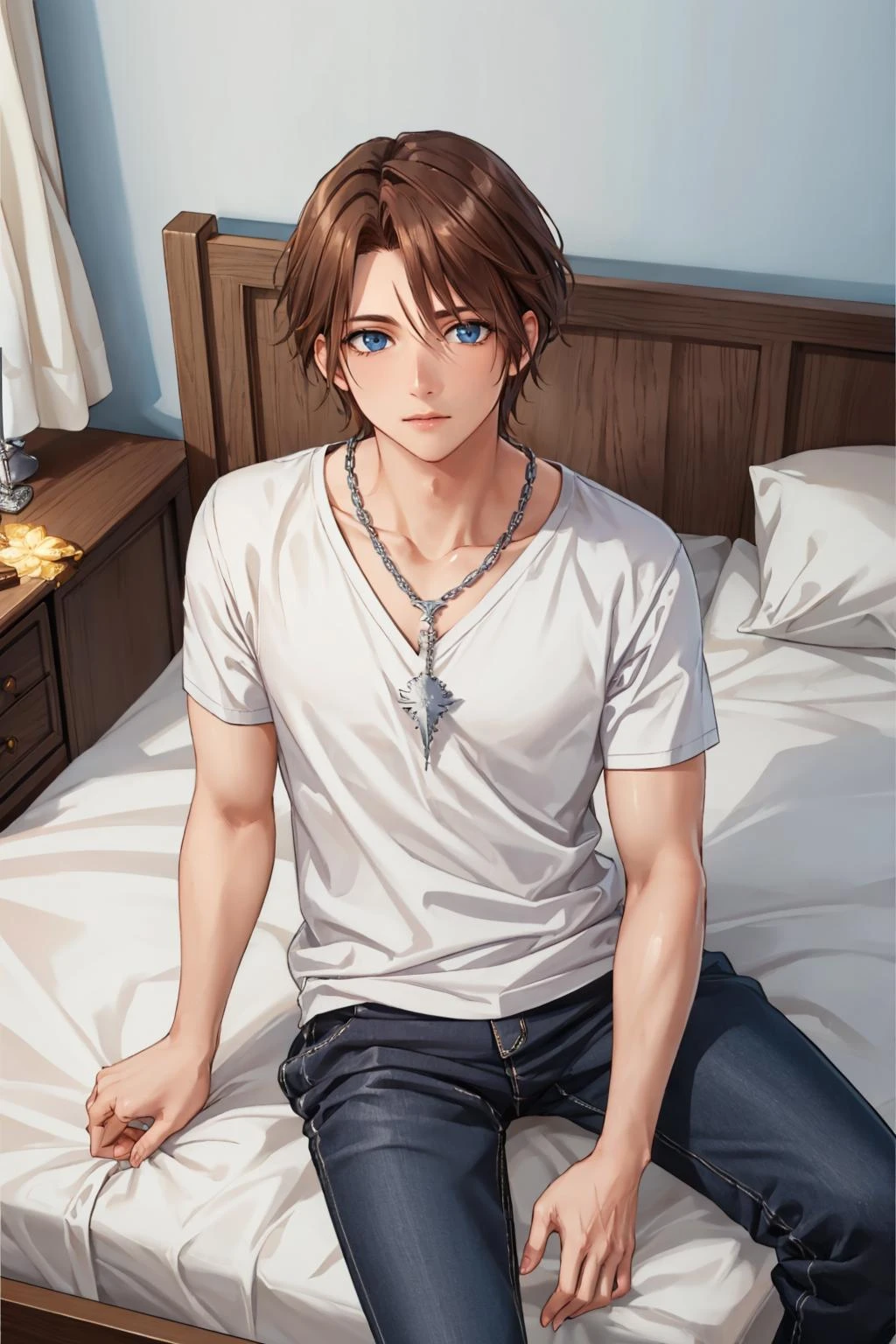 masterpiece, best quality, squall, scar, necklace, bedroom, white t-shirt, pajama pants, sitting, white walls, from above, looking at viewer