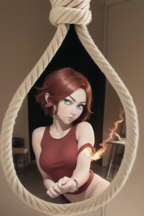 <lora:MEMENoosePortal_v1:1> NOOSE PORTAL
NOOSE, magic, fire, proportional eyes, (realistic:1.5), extremely detailed, hyper detailed, soft lighting, detailed background, extreme detail background, sharp details, beautiful face, symmetrical eyes, short red hair, short hair, red hair, green eyes, woman, high quality, (full body:1.3),