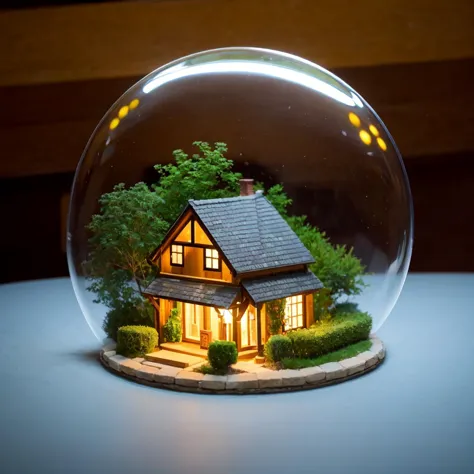 a close up of a house in a glass ball on a table