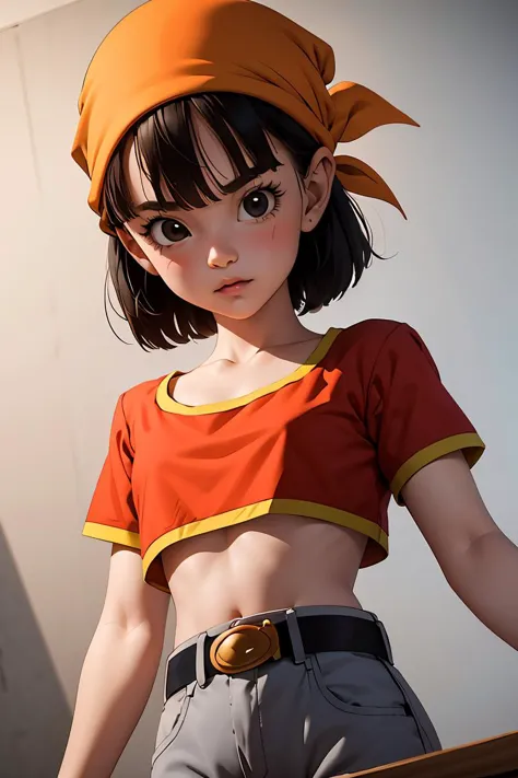 (masterpiece, best quality), 1girl,  <lora:DBGT_Pan_v1:1> pan,1girl,solo,black eyes,bangs,black hair,short hair,bandana, red shirt,crop top,midriff,belt,gray pants,