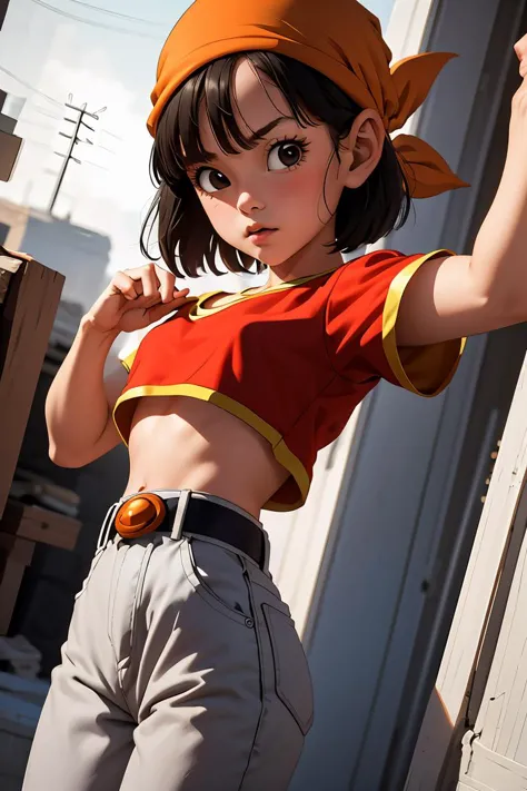 (masterpiece, best quality), 1girl,  <lora:DBGT_Pan_v1:1> pan,1girl,solo,black eyes,bangs,black hair,short hair,bandana, red shi...