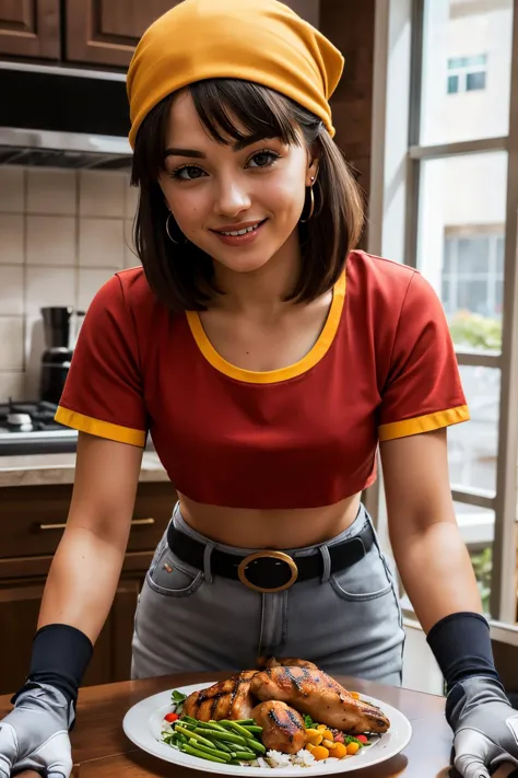 pan,black eyes,,short black hair,bangs,bandana, red shirt,midriff, fingerless gloves, looking at viewer, serious, smiling, sitting, behind a table, inside cozy kitchen, table full of food, grilled chicken, rice, high quality, masterpiece <lora:DBGT_Pan_v1:.9>