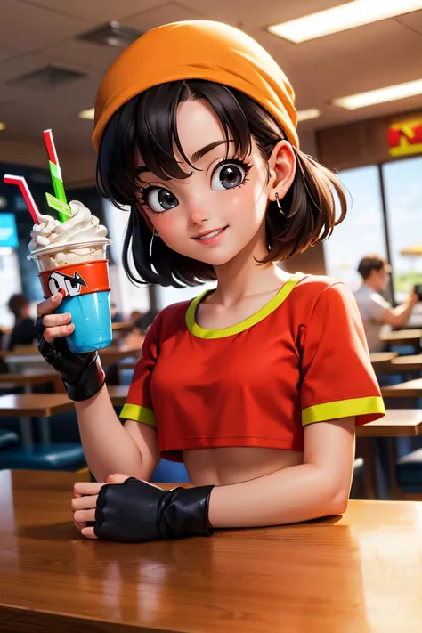 a woman in a red shirt holding a drink and a straw