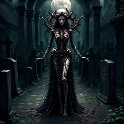 a woman in a black dress standing in a cemetery with a full moon