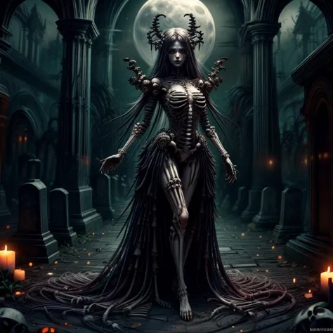 a woman in a gothic dress standing in a dark cemetery