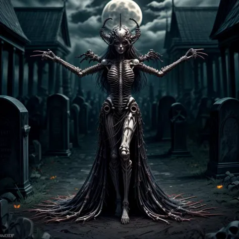 a woman in a long dress standing in a cemetery with a full moon