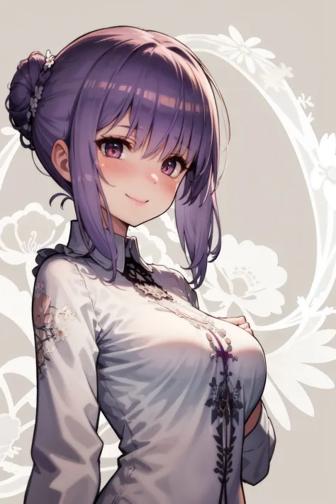 upper body, solo, 1girl, looking away, smile, blush, medium breasts, purple hair, hair bun, light brown eyes, beautiful detailed face, ultra detailed eyes, grey frilled shirt, glttering light, Lace_fern \(flower\), floral background 
