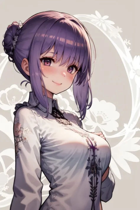 upper body, solo, 1girl, looking away, smile, blush, medium breasts, purple hair, hair bun, light brown eyes, beautiful detailed face, ultra detailed eyes, grey frilled shirt, glttering light, Lace_fern \(flower\), floral background <lora:gujianshaonu_style_v04Unet:1>