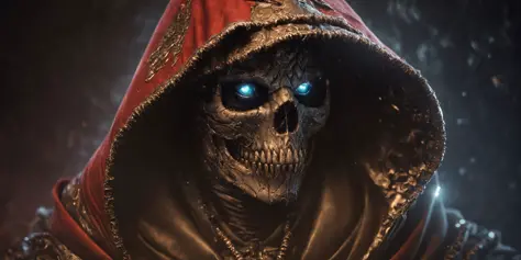 Raw Photo, a realistic close up photo of a necromancer in a hood and cloak, background is a an epic necropolis, sugar skull, bright glowing eyes, (highly detailed face:1.5), (highly detailed skin:1.4), dark, shiny metal, biomechanical, H.R. Giger, Lovecraf...