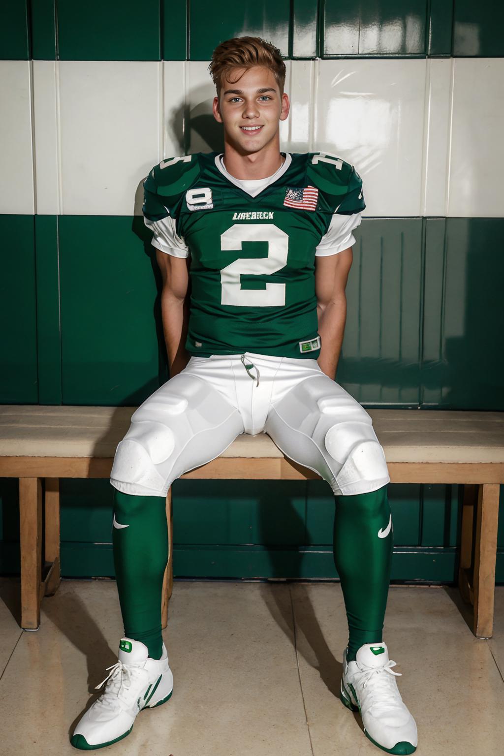 Arafed male in a green and white uniform sitting on a bench - SeaArt AI