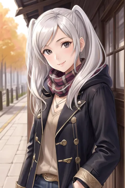 <lora:2f-robin-10:0.8>, robin fe, 1girl, solo, looking at viewer, autumn, overcoat, black coat, jeans, smile, head tilt, facing ...