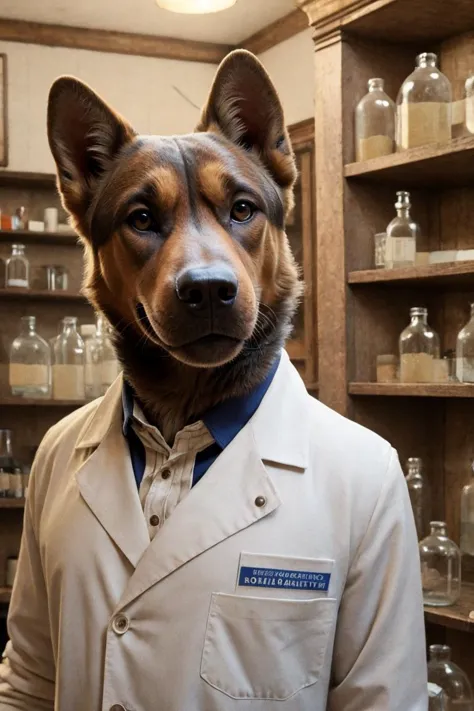 arafed dog in a lab coat standing in front of a shelf of glass bottles