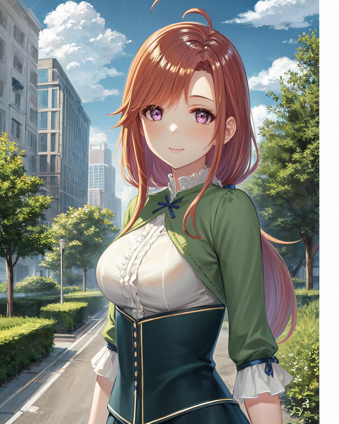 Anime girl in a short dress walking down a street with a purse - SeaArt AI