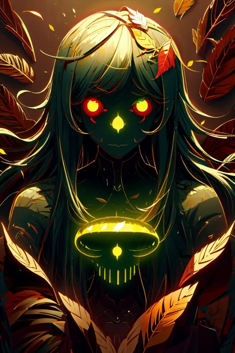 a girl with long hair and red eyes holding a bowl