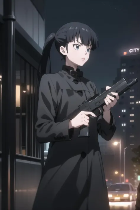 <lora:kunizuka-000007:1> kunizuka,
1girl, solo, black coat, city, night, holding gun, serious