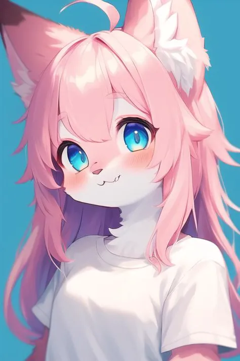 1girl,animal ears,solo,furry female,pink hair,furry,long hair,:3,looking at viewer,upper body,shirt,ahoge,smile,simple background,blue eyes,short sleeves,animal ear fluff,blush,animal nose,blue background,fang,bokeh,depth of field,overexposure,<lora:lightfurryv4-000028:0.8>,