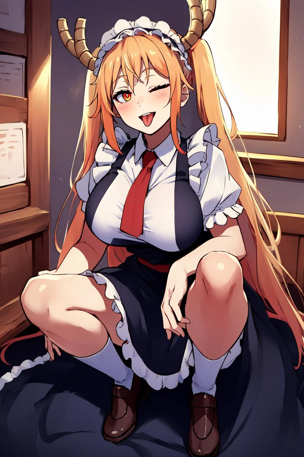 (masterpiece, best quality),  intricate details,
1girl,   TohruDragonMaid_NDV, 1girl, blonde hair, large breasts, long hair, horns, multicolored hair, maid dress, maid hat, slit pupils, orange eyes
(wink:1.1), tongue out,   one eye closed,   one eye closed, wink