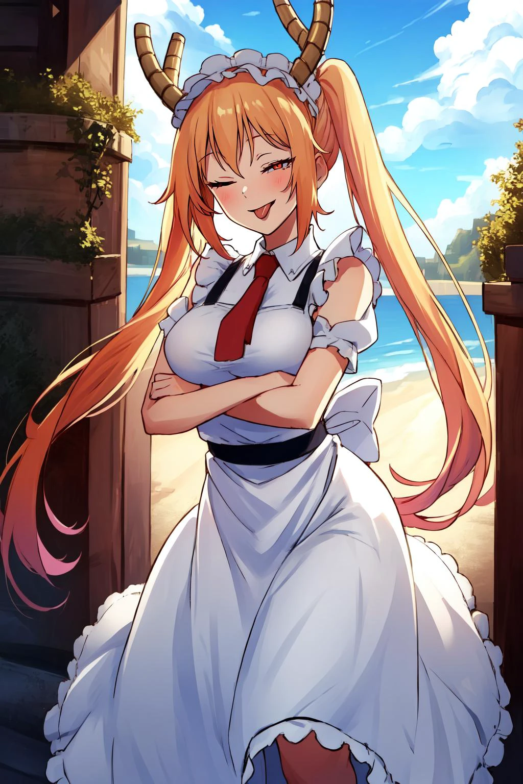 (masterpiece, best quality),  intricate details,
1girl,   TohruDragonMaid_NDV, 1girl, blonde hair, large breasts, long hair, horns, multicolored hair, maid dress, maid hat, slit pupils, orange eyes
(wink:1.1), tongue out,   one eye closed,  one eye closed, wink