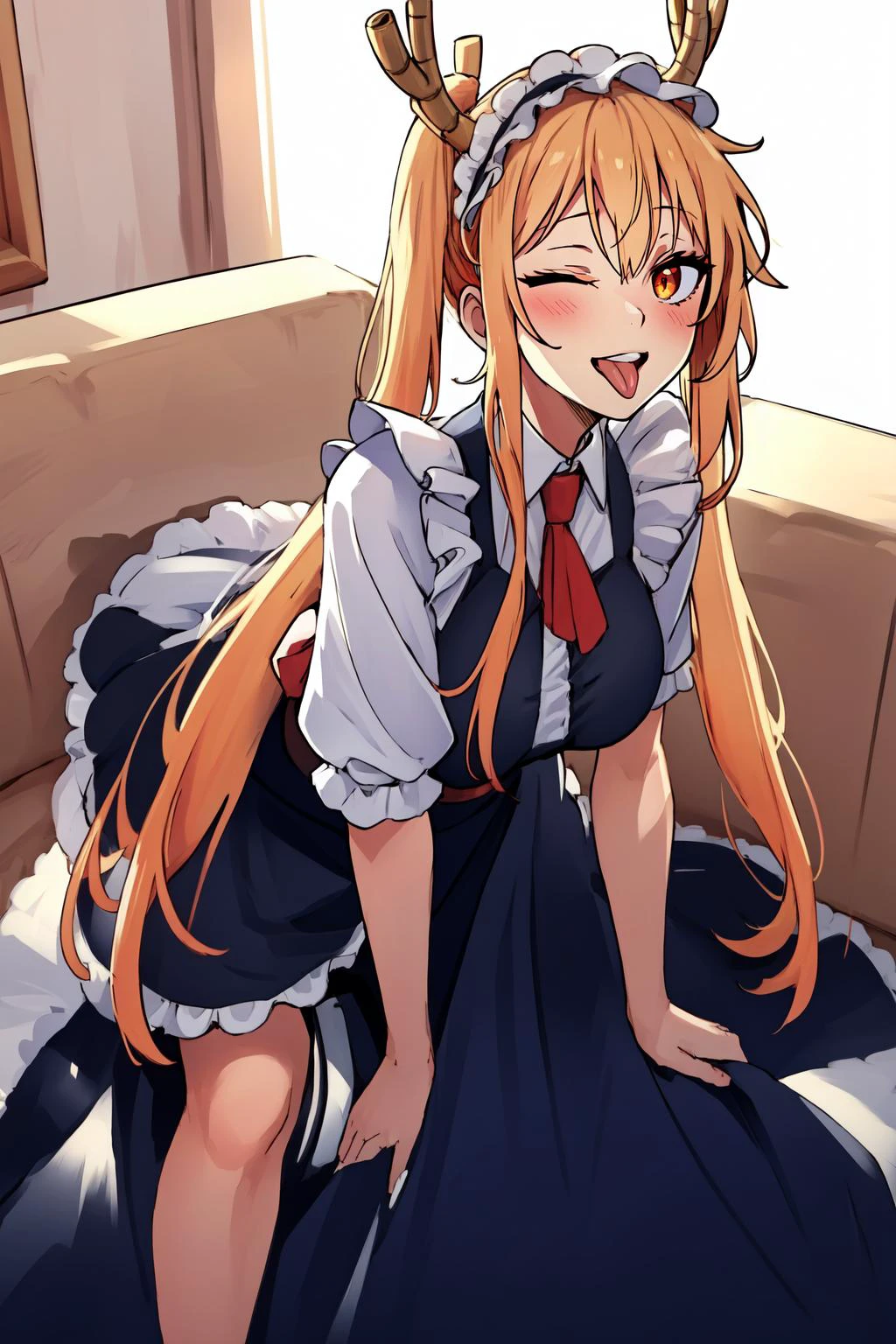 (masterpiece, best quality),  intricate details,
1girl,   TohruDragonMaid_NDV, 1girl, blonde hair, large breasts, long hair, horns, multicolored hair, maid dress, maid hat, slit pupils, orange eyes
(wink:1.1), tongue out,   one eye closed,  one eye closed, wink leaning forward, downblouse, sweating, boob swaet,