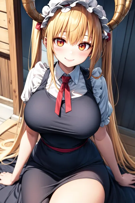 (best quality:1.2), 1girl, (masterpiece:1.2), raytracing, ultra detailed,detailed face, 8k wallpaper, wide hips, <lora:more_details:0.5>, TohruDragonMaid_NDV, 1girl, blonde hair, large breasts, long hair, horns, green tail, wings, multicolored hair, maid suit, maid dress, maid hat, slit pupils, orange eyes,  <lora:TohruDragonMaid_NDV:0.7>, outdoor, smile