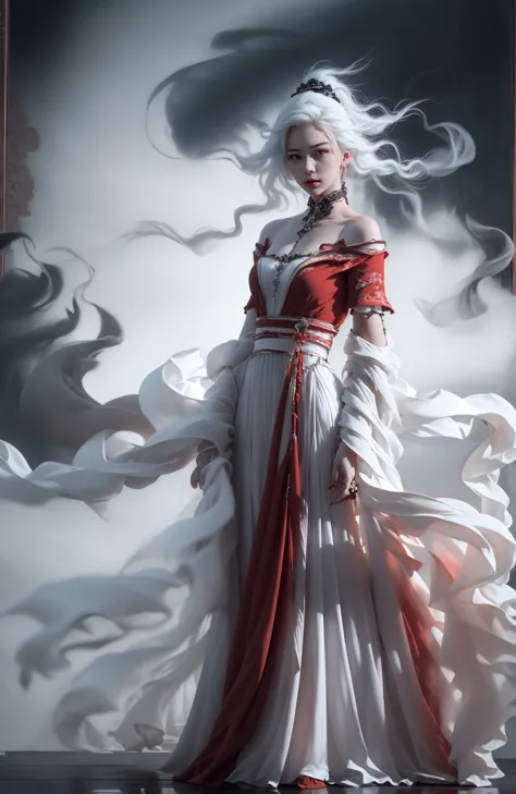 a woman in a white dress with red and white hair