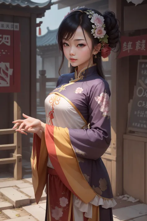 a close up of a woman in a kimono dress standing on a sidewalk