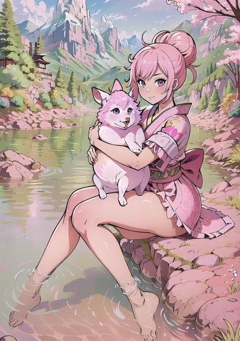 anime girl with pink hair holding a cat in her arms