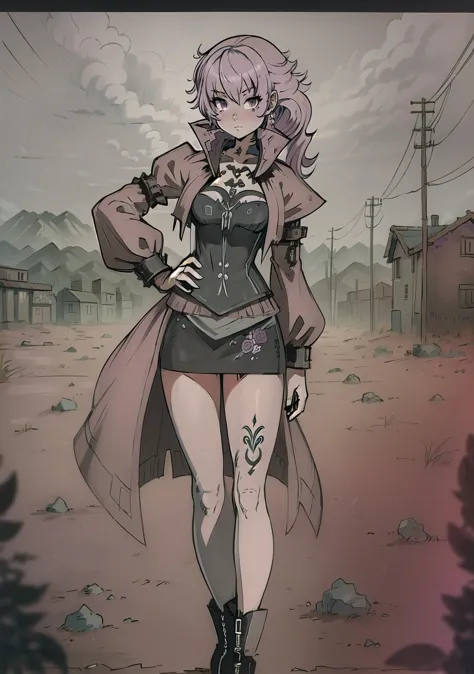 (masterpiece, best_quality, ultra-detailed, immaculate:1.3), epic, illustration, desert ,spy  , lace , short skirt, leg tattoos, tattoos,pastel violet hair, curly hair, long hair, , full body, daggers, zombie pose, rainy night, in a African, empty village, winter coat, standing<lyco:EnvyBeautyMix10:1.6>