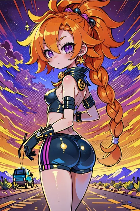 (masterpiece, best_quality, ultra-detailed, immaculate:1.3), epic, illustration, alt bad girl, 1girl, full body, cameltoe, [:creative, casual costume design,:0.2], official art, , punk hair, bright orange hair, curly hair, long hair,Feather Braid, dramatic muted violet lighting from above, on a  desert road, bombshell hair, vivid auburn hair, Pompadour, back-to-back<lora:EnvyCuteMix11:1>