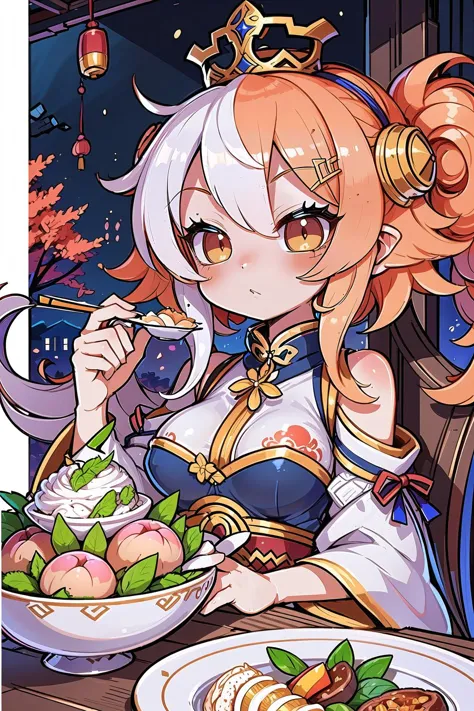 (masterpiece, best_quality, ultra-detailed, immaculate:1.3), epic, illustration, shinobi lord , lace ,peach hair, Crown Twist, chinese, small breasts, slimathletic figure, , in a celestial dining hall, on a alien ship, bombshell hair, white hair, pointy hair, reaching<lora:EnvyCuteMix11:1>