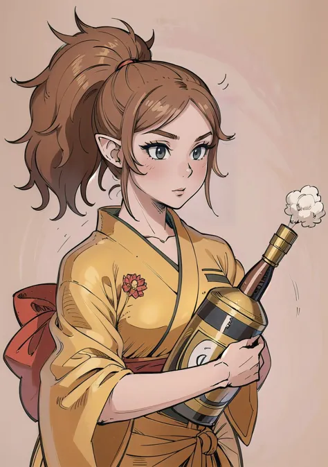 a woman in a kimono holding a bottle of wine