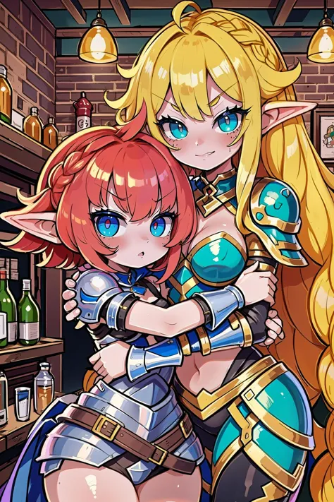 multiple girls, (masterpiece, best_quality, ultra-detailed, immaculate:1.3), epic, illustration, elf desert warrior  villainess, (armor:1.3), pauldrons, gold hair, Straight Hair,low-braided long hair, outstretched arm / outstretched arms, in a  European town, at a gloomy bar, bombshell hair, red hair with rainbow highlights, antenna hair, waist hug<lora:EnvyCuteMix11:1>