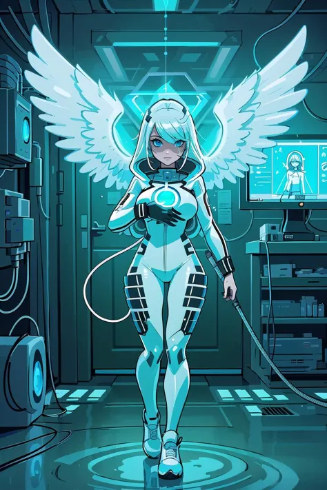 a cartoon picture of a woman in a futuristic suit with wings