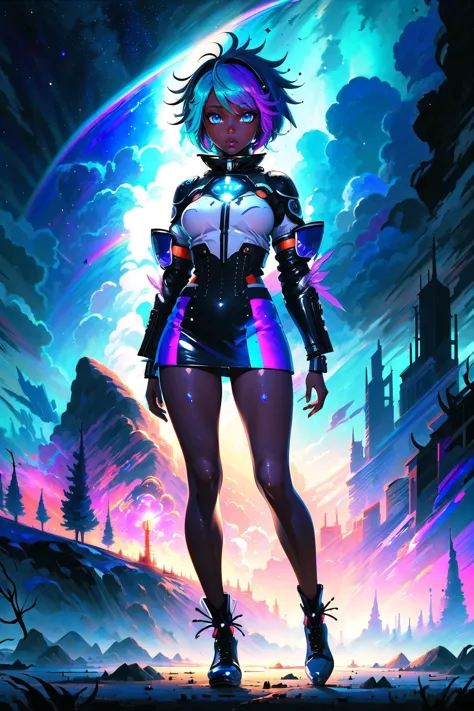 a woman in futuristic clothing standing on a rocky surface