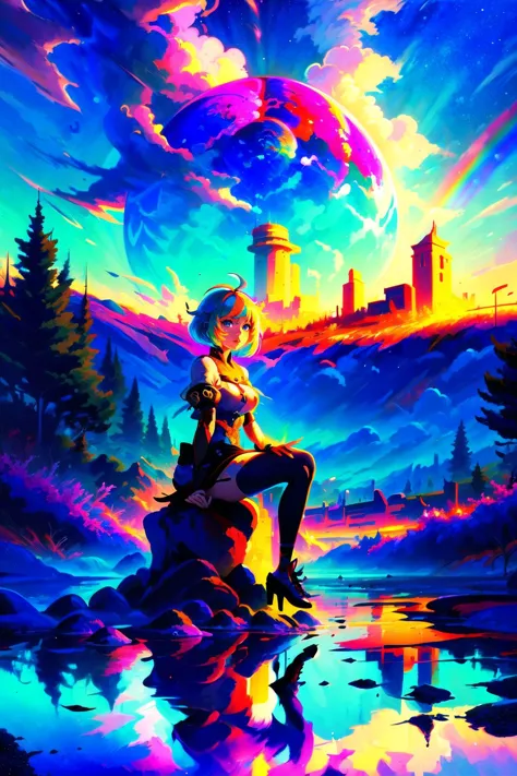 a woman sitting on a rock looking at a rainbow colored sky