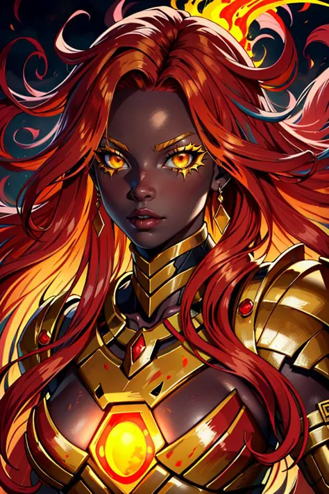 a woman with red hair and a gold armor is standing in front of a dark background