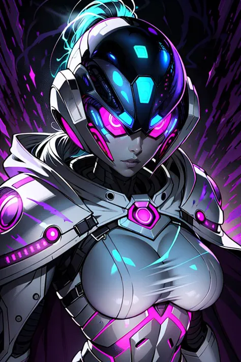 a close up of a woman in a futuristic suit with a glowing head