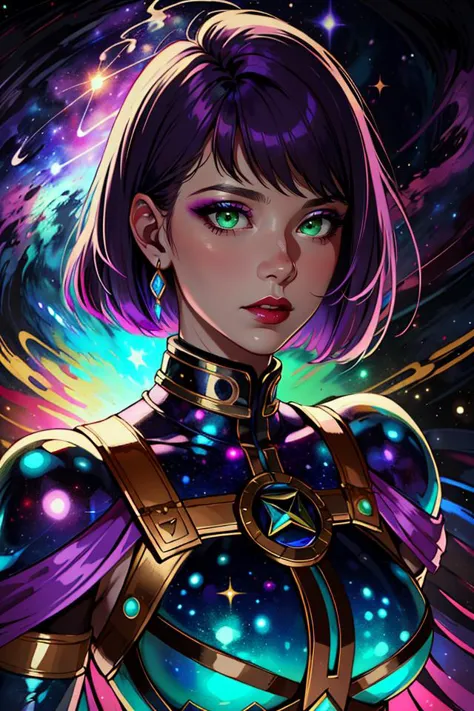 a woman with purple hair and a purple outfit in front of a galaxy background