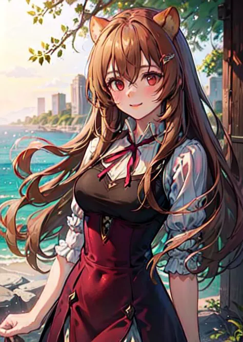 Masterpiece, 1girl, young adult girl,  raccoon girl, solo, ((Windswept Disheveled orange brown long hair)), hair between eyes, hair covers human ears, hair ornaments, red raccoon ears, raccoon tail, red eyes, Raphtalia, light smile, happy, blush, red and black long dress, neck ribbon, middle breasts, outdoor, summer, portrait, extremely beautiful, flowers, wallpaper, 4k, <lora:RaphtaliaLora:0.61>