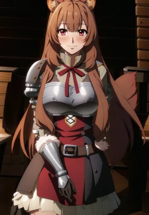 masterpiece, best quality, Raphtalia, 1girl, solo, long hair, breasts, looking at viewer, blush, smile, brown hair, red eyes, thighhighs, long sleeves, dress, holding, animal ears, very long hair, closed mouth, belt, armor, red ribbon, animal ear fluff, neck ribbon,  brown gloves, breastplate, raccoon ears, raccoon tail, raccoon girl,  <lora:RaphtaliaLora:0.9>,