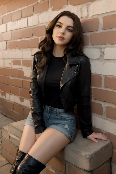 arafed woman in black jacket and denim shorts sitting on a brick wall