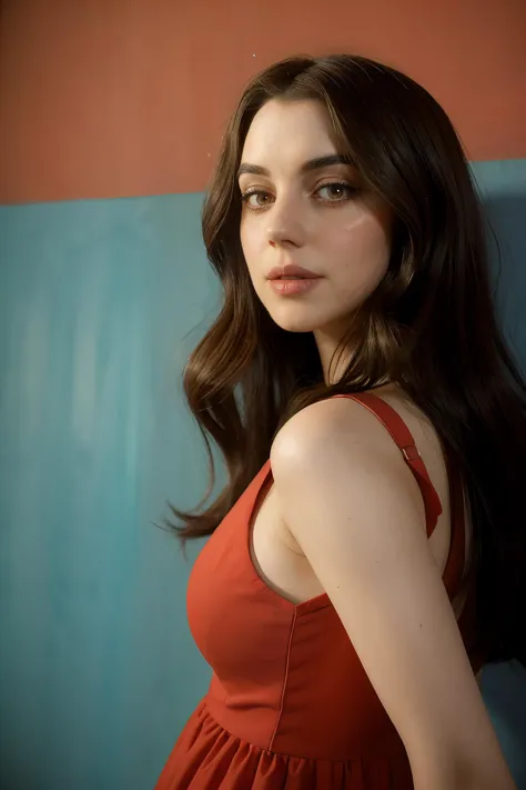 a close up of a woman in a red dress posing for a picture